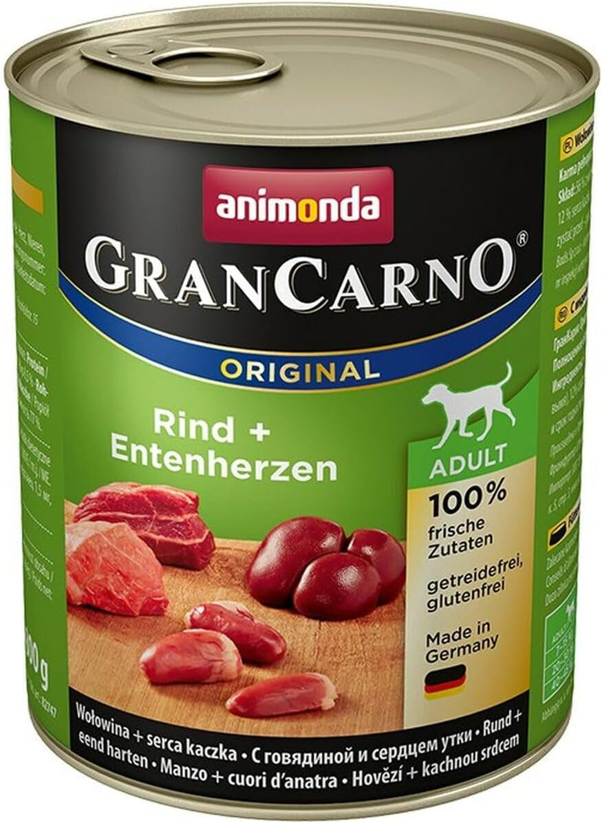 Grancarno Hunde Nassfutter Mit Rind + Entenherzen (6 X 800 G), Hundefutter Nass Ohne Getreide Und Zucker Von Animonda, Für Ausgewachsene Hunde, Mit Frischen Fleischlichen Zutaten