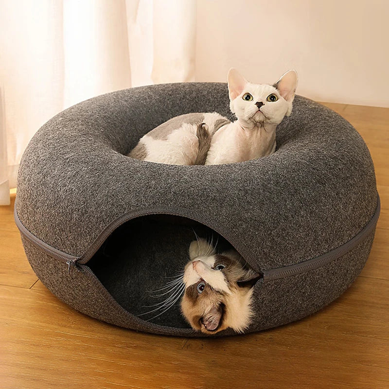 Donut-Katzenbett Für 2 Katzen, Haustier-Katzen-Tunnel-Spielzeug, Kätzchenhaus, Korb, Interaktives Spielspielzeug Für Katzen, Natürliches Filz, Kaninchen-Höhlennest