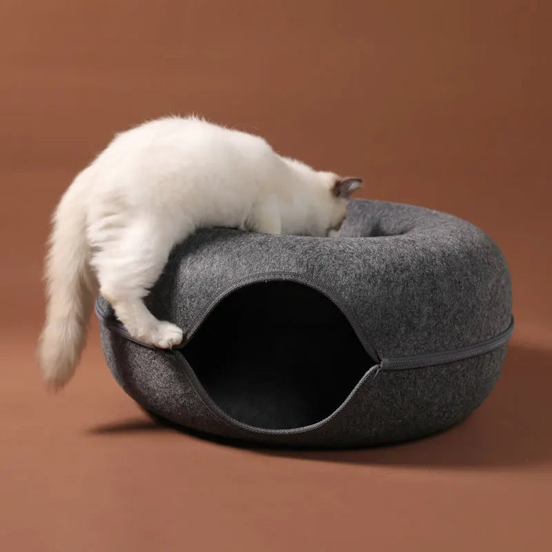 Donut-Katzenbett Für 2 Katzen, Haustier-Katzen-Tunnel-Spielzeug, Kätzchenhaus, Korb, Interaktives Spielspielzeug Für Katzen, Natürliches Filz, Kaninchen-Höhlennest