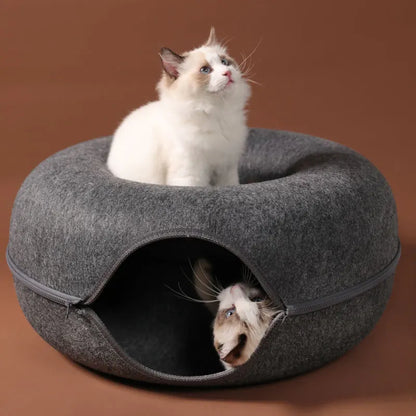 Donut-Katzenbett Für 2 Katzen, Haustier-Katzen-Tunnel-Spielzeug, Kätzchenhaus, Korb, Interaktives Spielspielzeug Für Katzen, Natürliches Filz, Kaninchen-Höhlennest